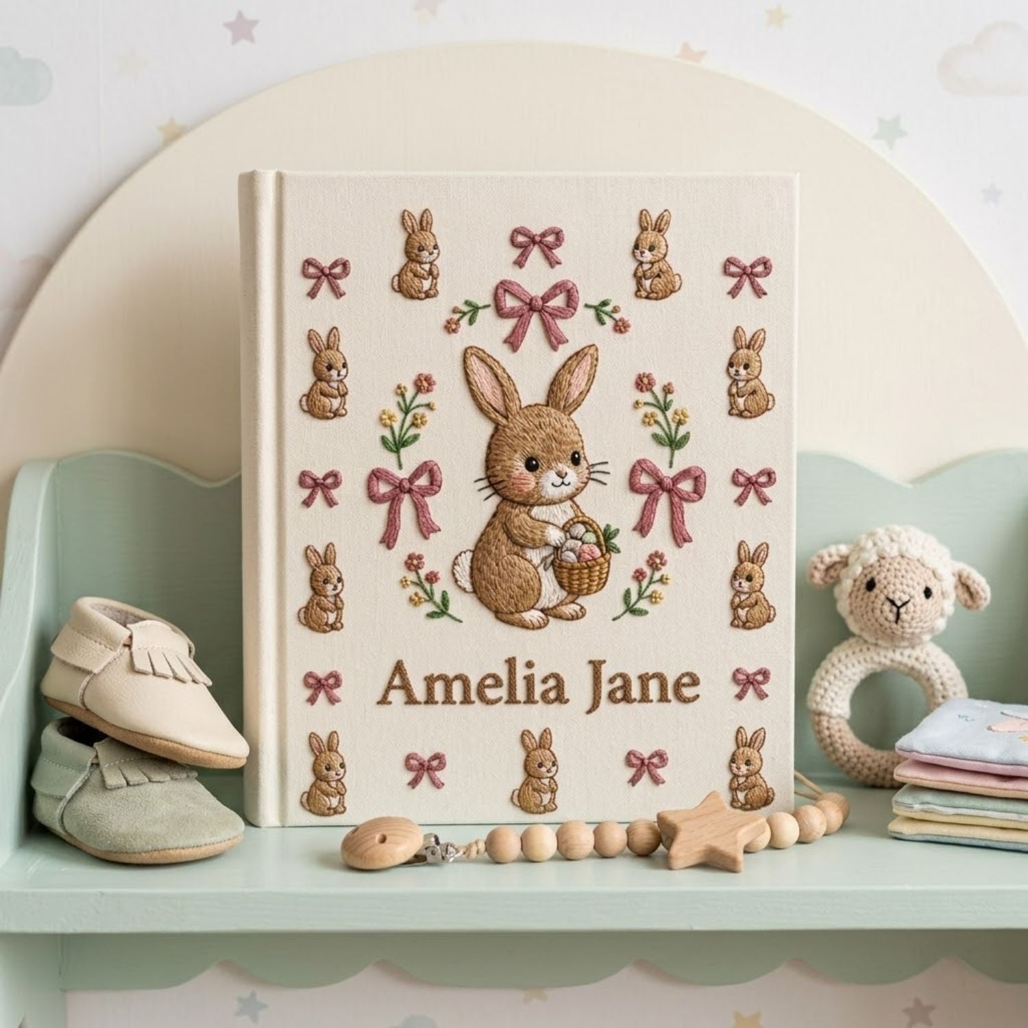 Hand Embroidered Baby Photo Album, Personalized Bunny Memory Book, Custom Name Rabbit Keepsake, Baby Girl Shower Gift