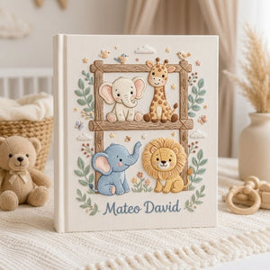 Hand Embroidered Baby Photo Album, Personalized Safari Animals Baby Book, Custom Name Elephant Giraffe Lion Nursery Keepsake Gift