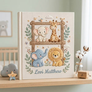 Hand Embroidered Baby Photo Album, Personalized Safari Animals Baby Book, Custom Name Elephant Giraffe Lion Nursery Keepsake Gift