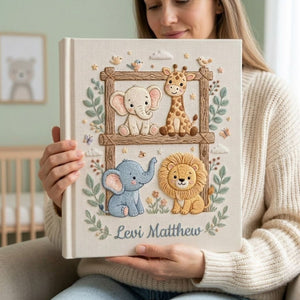 Hand Embroidered Baby Photo Album, Personalized Safari Animals Baby Book, Custom Name Elephant Giraffe Lion Nursery Keepsake Gift