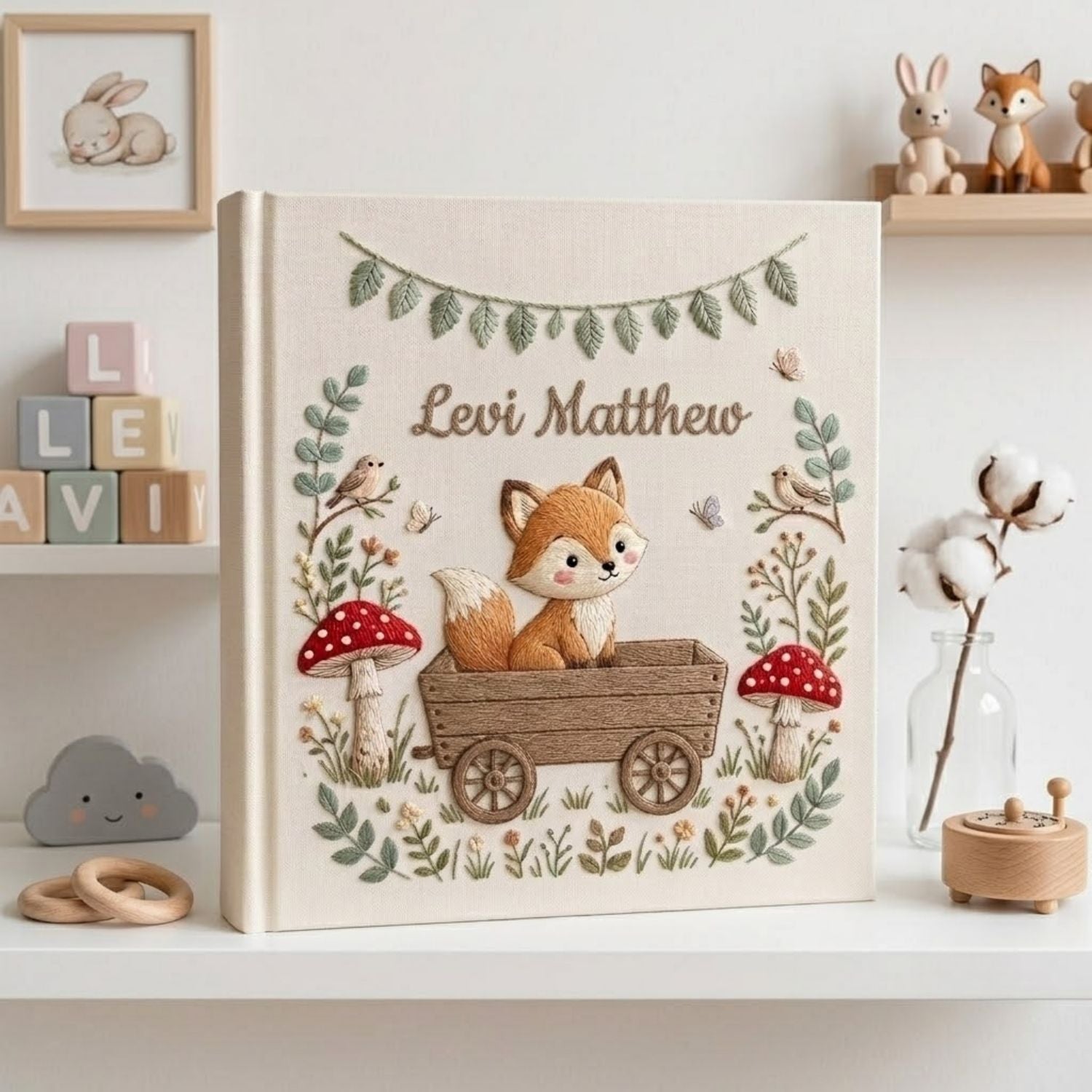 Hand Embroidered Baby Photo Album, Personalized Fox Baby Book, Custom Name Woodland Nursery Keepsake, Forest Animal Gift