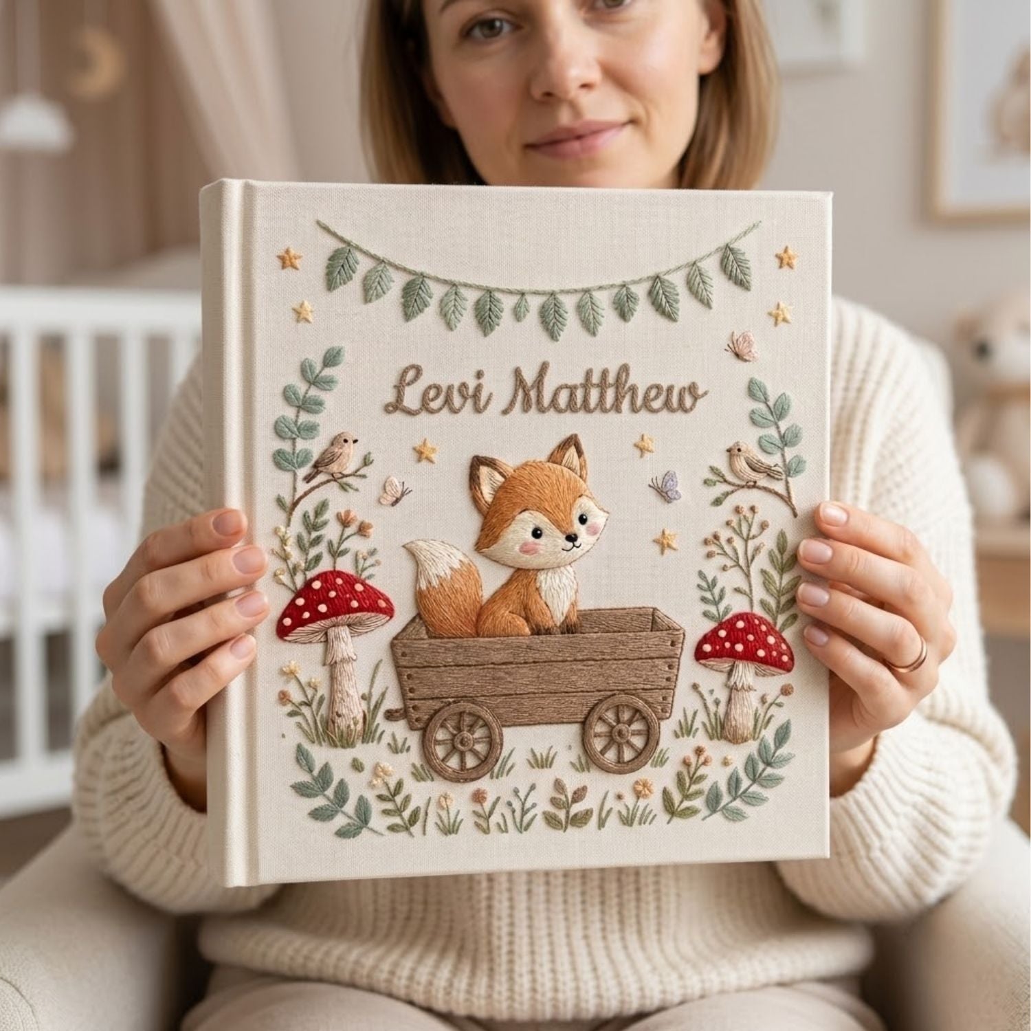 Hand Embroidered Baby Photo Album, Personalized Fox Baby Book, Custom Name Woodland Nursery Keepsake, Forest Animal Gift