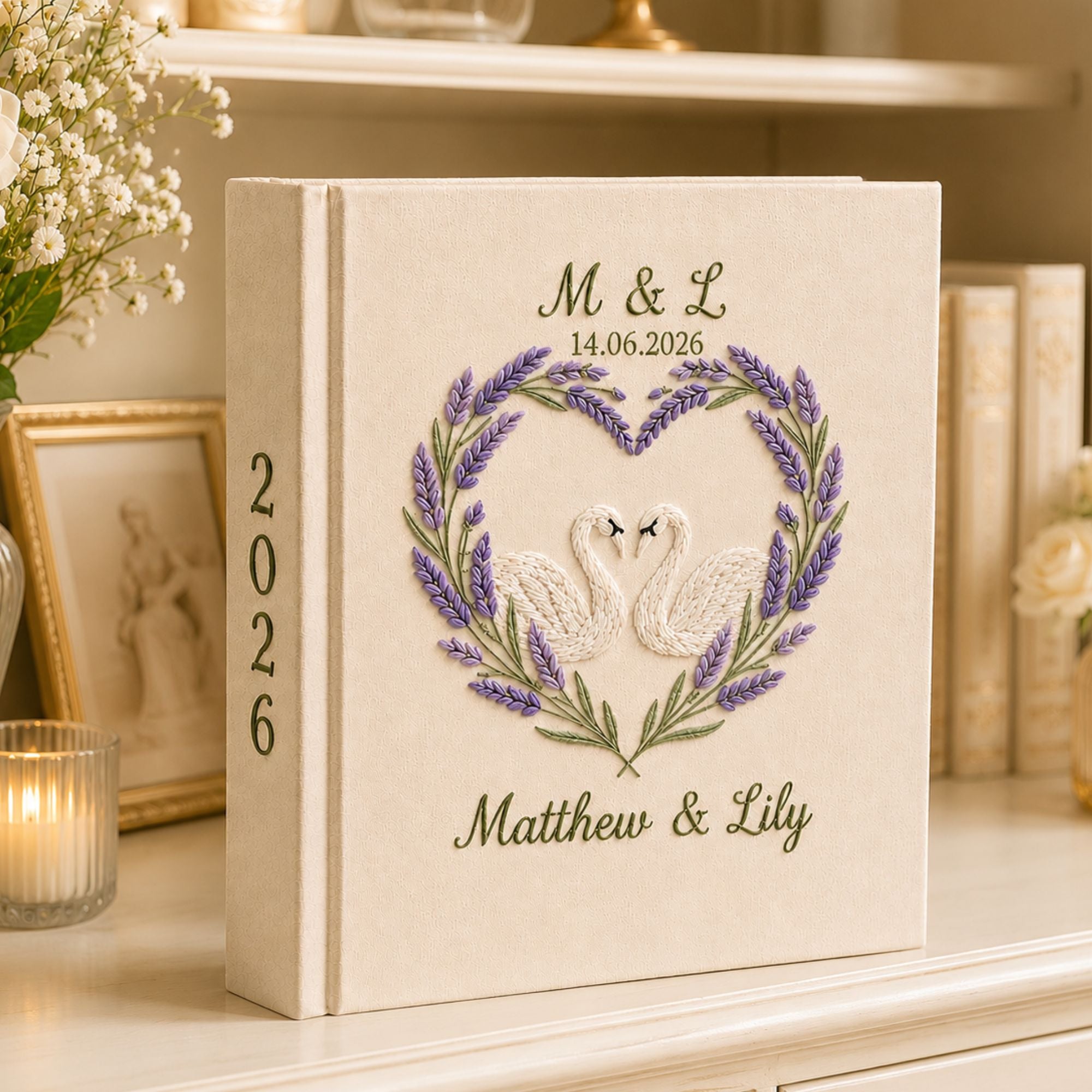 Custom Hand Embroidered Wedding Photo Album, Swan Heart Lavender Memory Book, Lavender Keepsake Wedding Book, Bridal Keepsake Gift