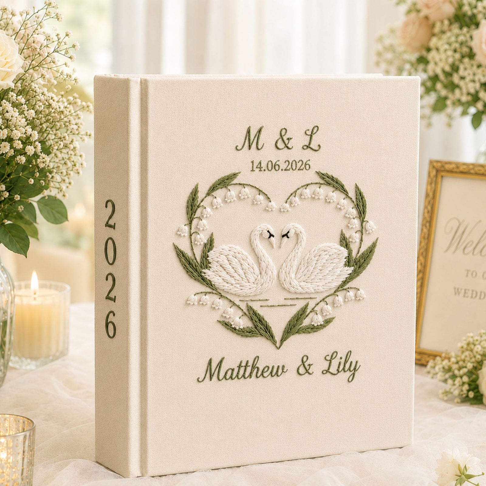 Custom Hand Embroidered Wedding Photo Album, Swan Heart Lily of the Valley Memory Book, Lavender Keepsake Wedding Book, Bridal Keepsake Gift