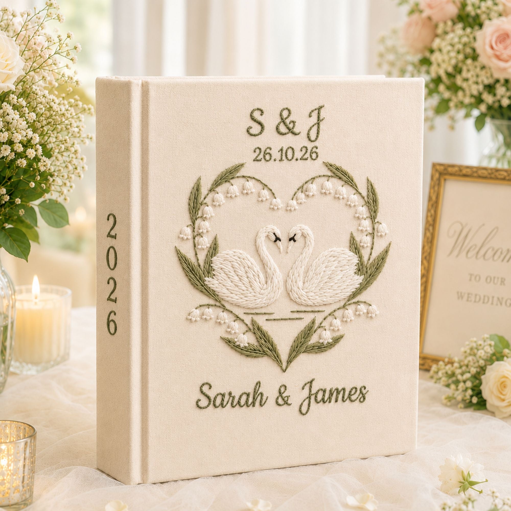 Custom Hand Embroidered Wedding Photo Album, Swan Heart Lily of the Valley Memory Book, Lavender Keepsake Wedding Book, Bridal Keepsake Gift