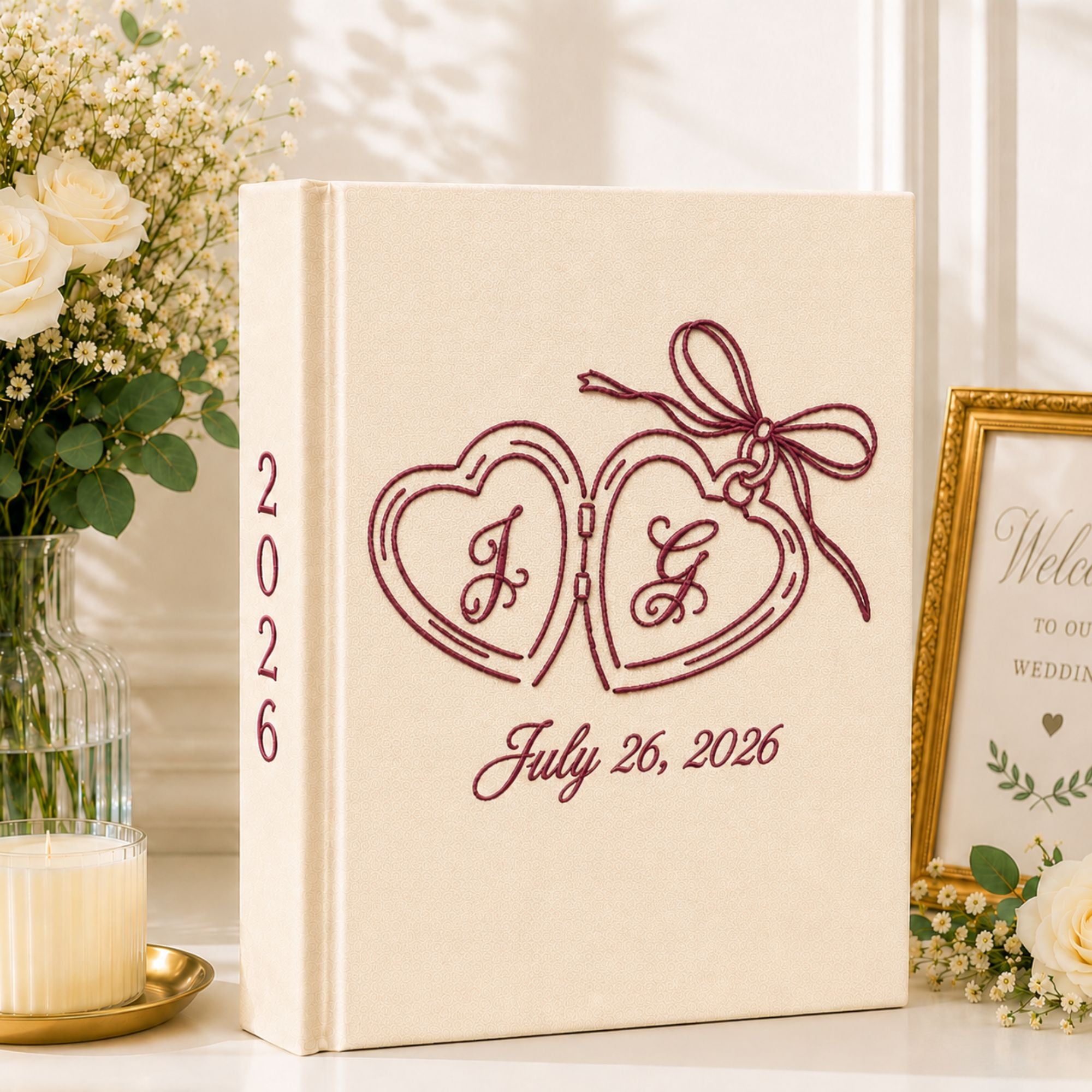 Custom Hand Embroidered Wedding Photo Album, Embroidered Love Birds Wedding Guest Book, Linen Heart Lock Wedding Book, Bridal Shower Gift