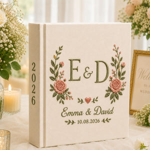 Custom Hand Embroidered Floral Wedding Photo Album, Linen Floral Initials Wedding Guest Book, Floral Rustic Wedding Book, Bridal Shower Gift