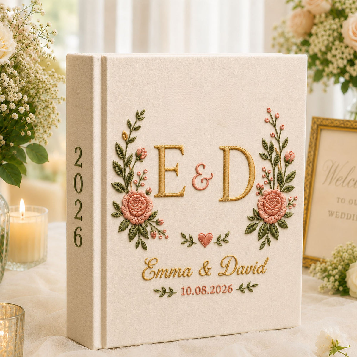 Custom Hand Embroidered Floral Wedding Photo Album, Linen Floral Initials Wedding Guest Book, Floral Rustic Wedding Book, Bridal Shower Gift