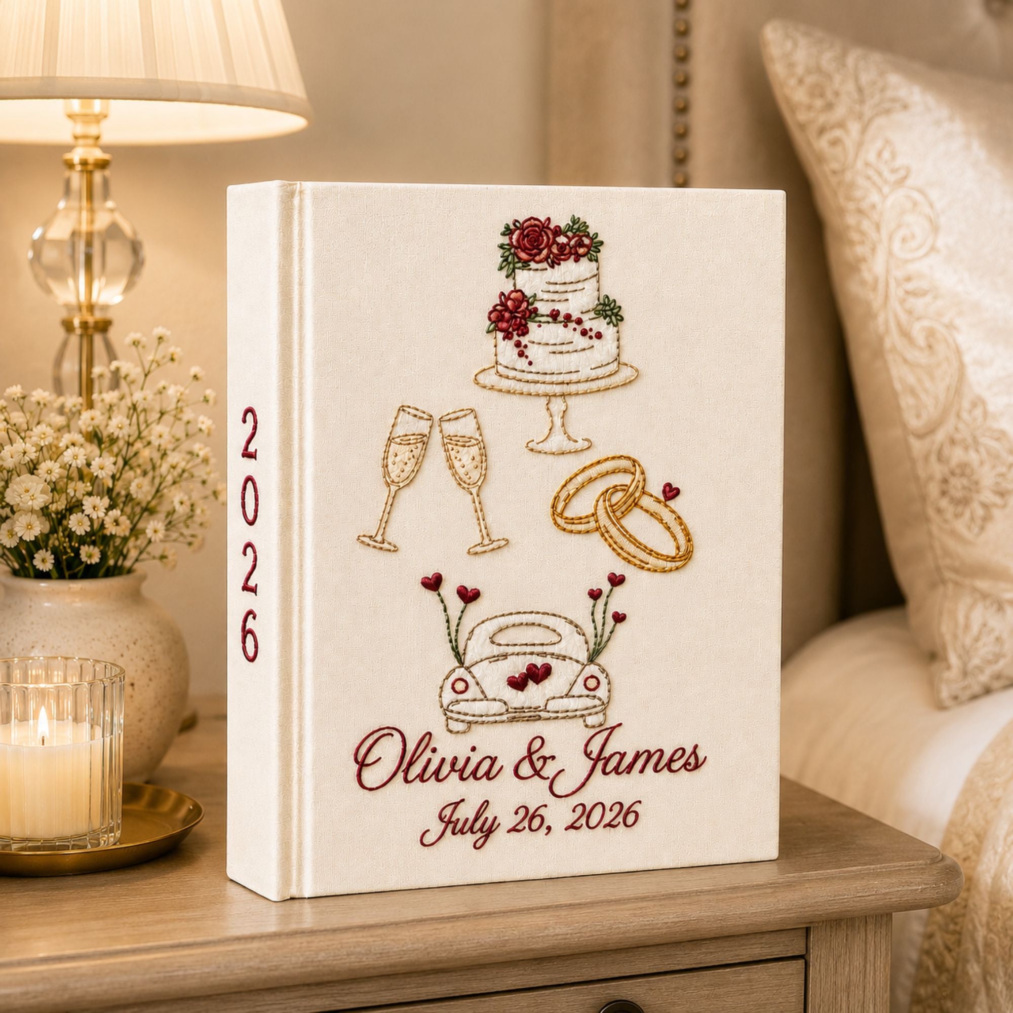 Custom Hand Embroidered Wedding Photo Album, Wedding Car Cake Champagne Linen Guest Book, Rustic Wedding Keepsake, Bridal Shower Gift