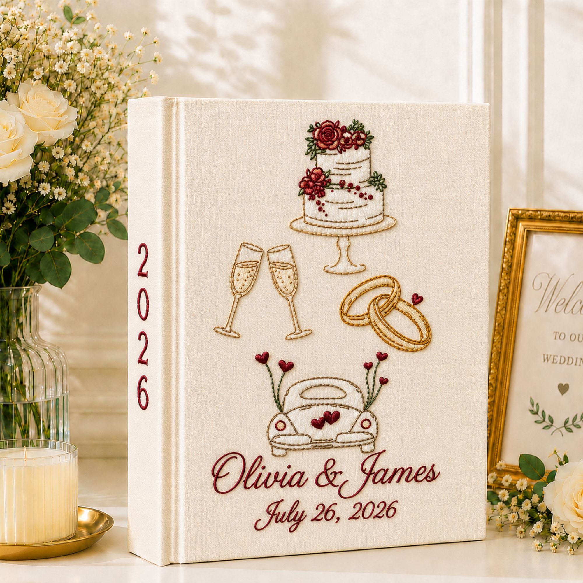 Custom Hand Embroidered Wedding Photo Album, Wedding Car Cake Champagne Linen Guest Book, Rustic Wedding Keepsake, Bridal Shower Gift
