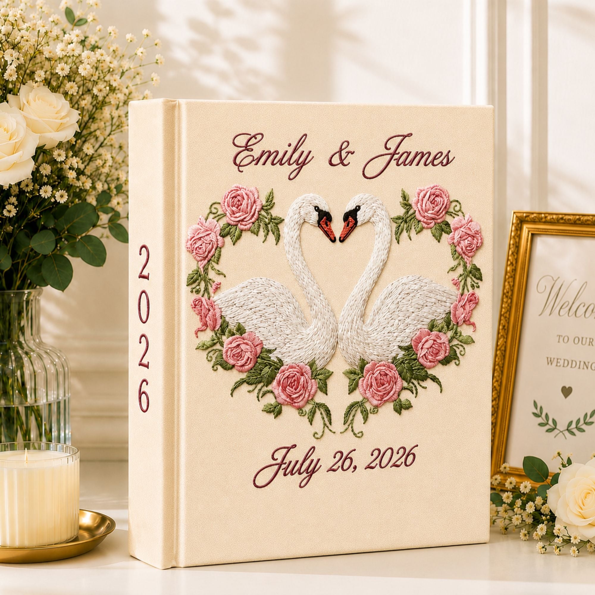 Custom Hand Embroidered Wedding Photo Album, Custom Linen Wedding Guest Book, Champagne Toast Keepsake Wedding Book, Bridal Shower Gift