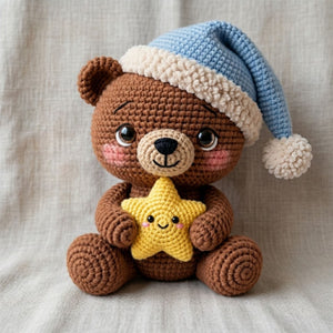 Crochet Sleepy Bear Plush, Handmade Amigurumi Teddy Bear Doll, Blue Nightcap Nursery Toy, Yellow Star Gift, Baby Shower Gift, 4-12in Plushie