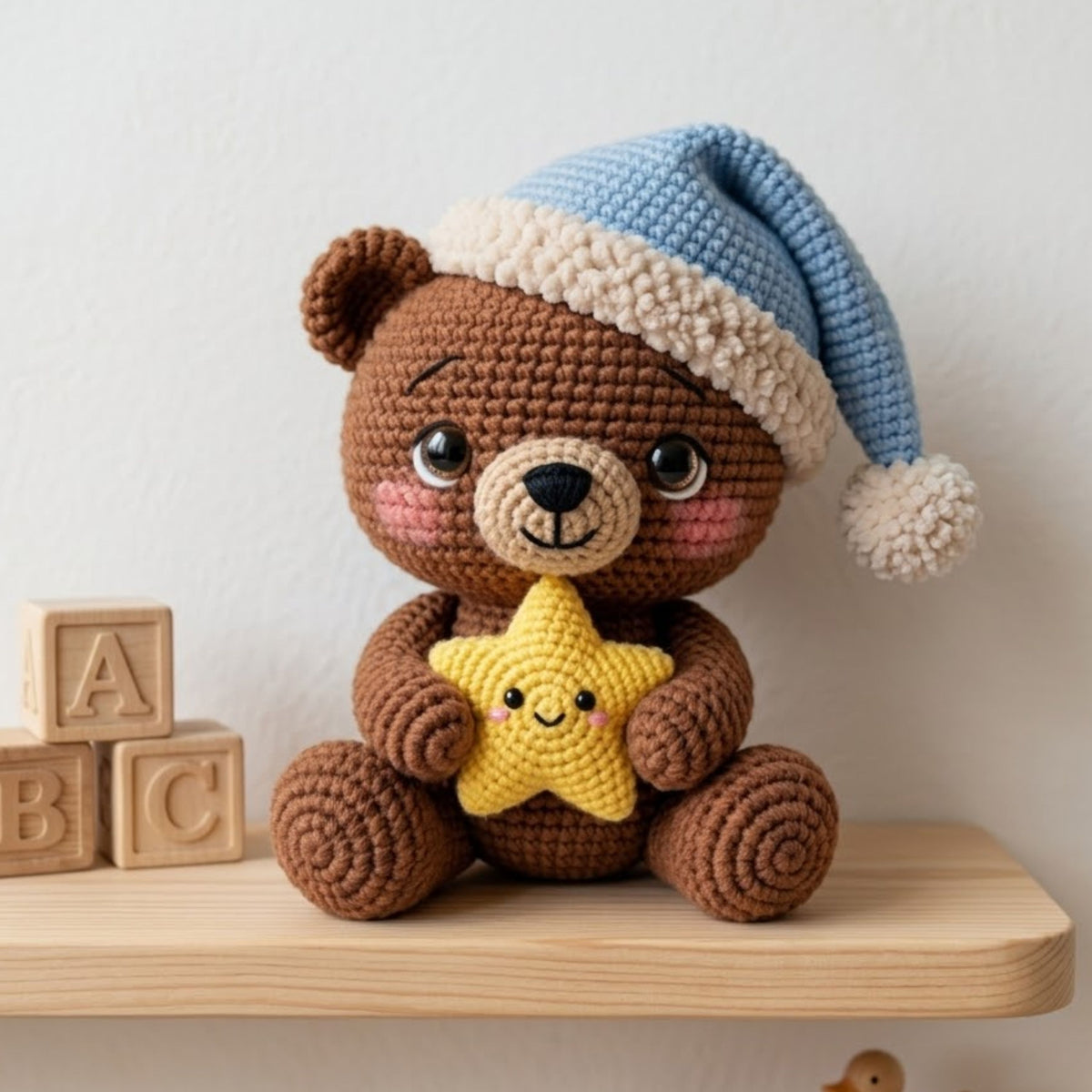 Crochet Sleepy Bear Plush, Handmade Amigurumi Teddy Bear Doll, Blue Nightcap Nursery Toy, Yellow Star Gift, Baby Shower Gift, 4-12in Plushie