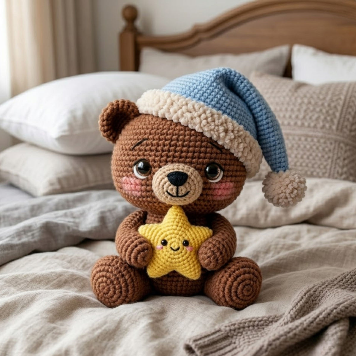 Crochet Sleepy Bear Plush, Handmade Amigurumi Teddy Bear Doll, Blue Nightcap Nursery Toy, Yellow Star Gift, Baby Shower Gift, 4-12in Plushie