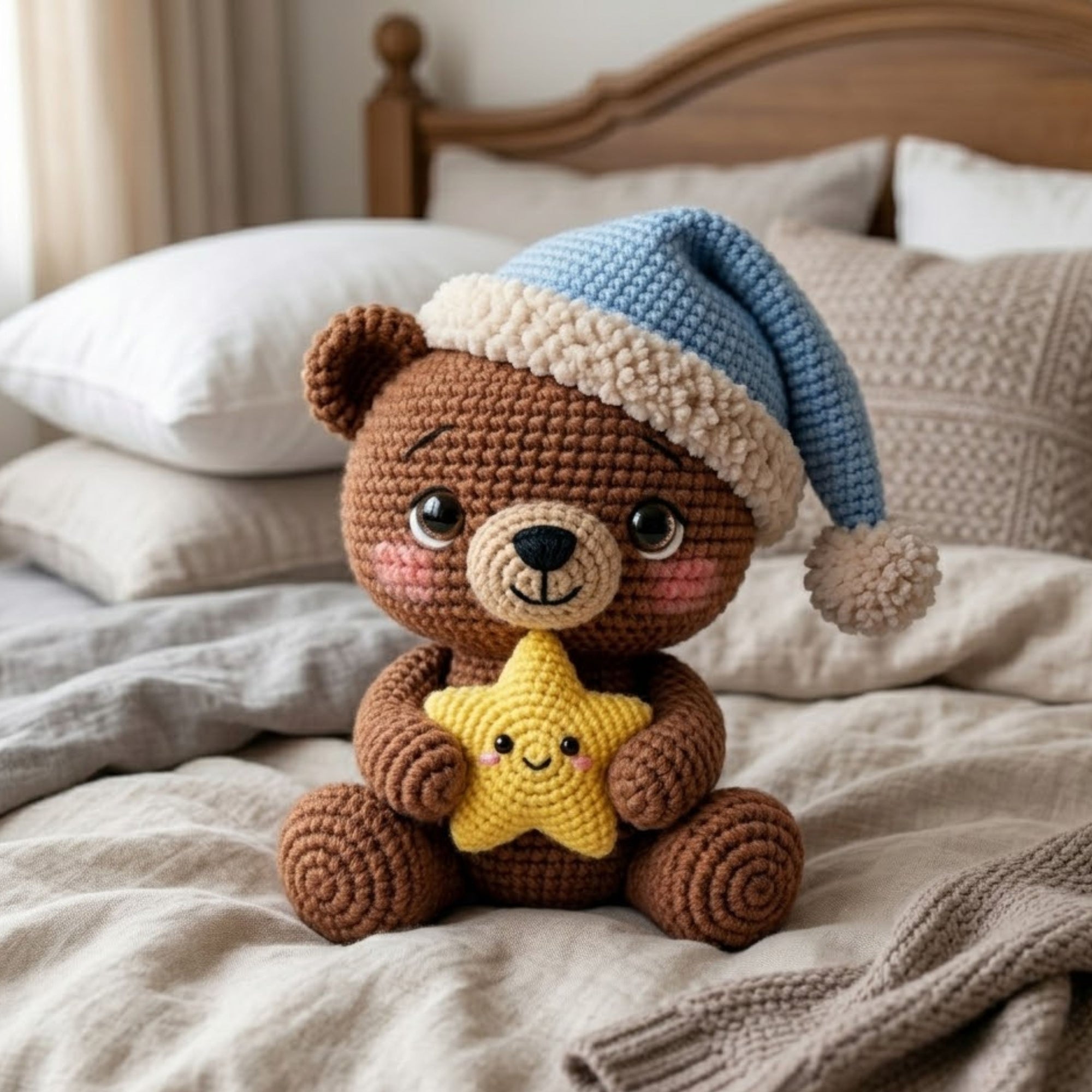 Crochet Sleepy Bear Plush, Handmade Amigurumi Teddy Bear Doll, Blue Nightcap Nursery Toy, Yellow Star Gift, Baby Shower Gift, 4-12in Plushie