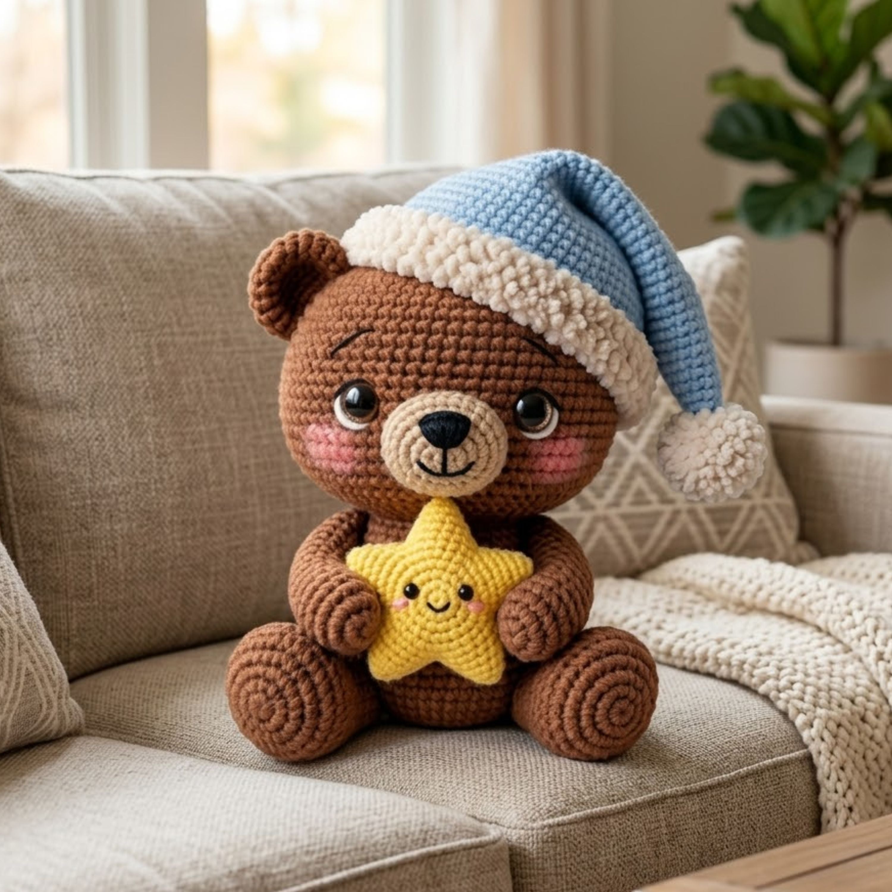 Crochet Sleepy Bear Plush, Handmade Amigurumi Teddy Bear Doll, Blue Nightcap Nursery Toy, Yellow Star Gift, Baby Shower Gift, 4-12in Plushie