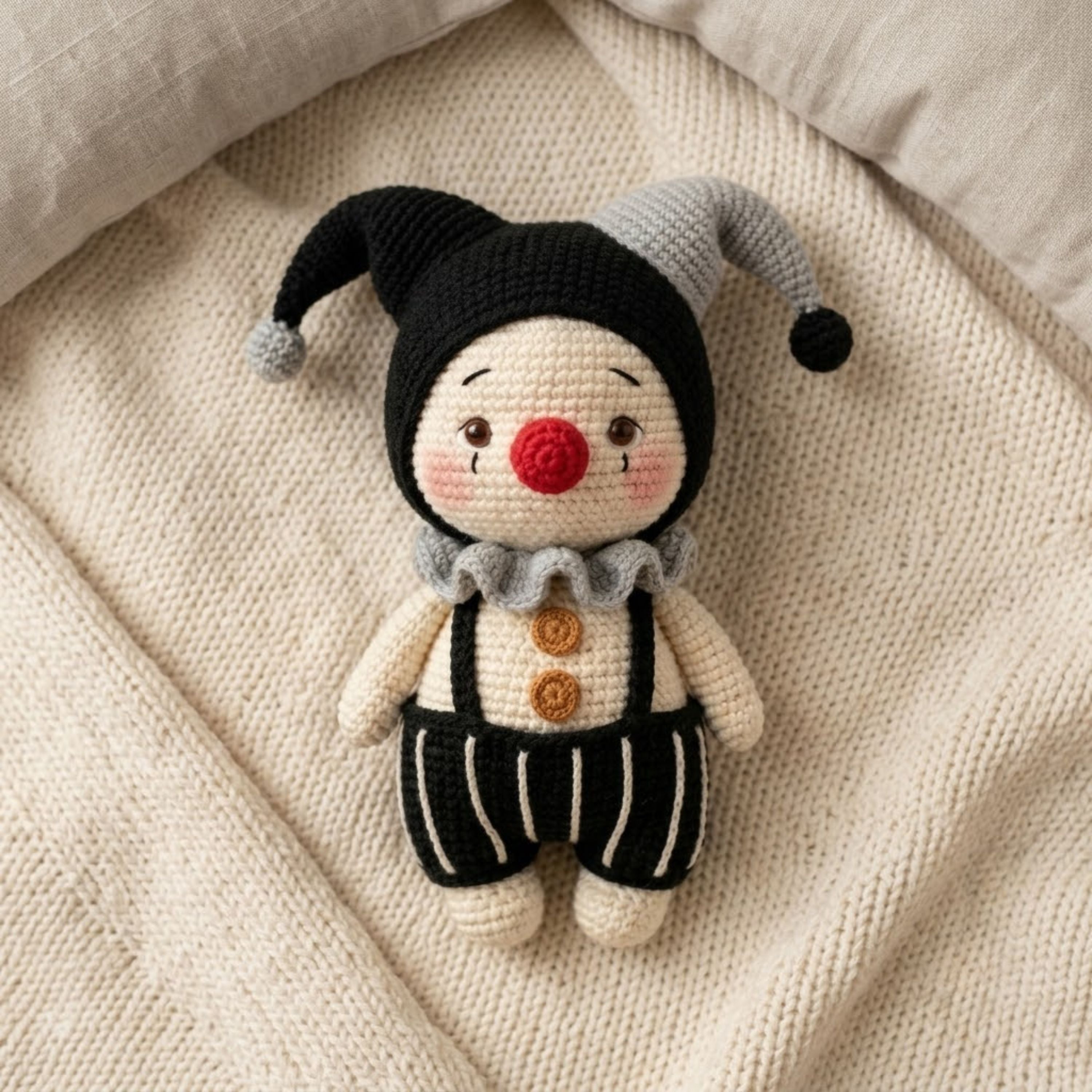Crochet Gothic Jester Plush, Handmade Amigurumi Clown Doll, Black Gray Circus Toy, Cute Nursery Decor, Baby Shower Gift, 4-12in Kids Plushie