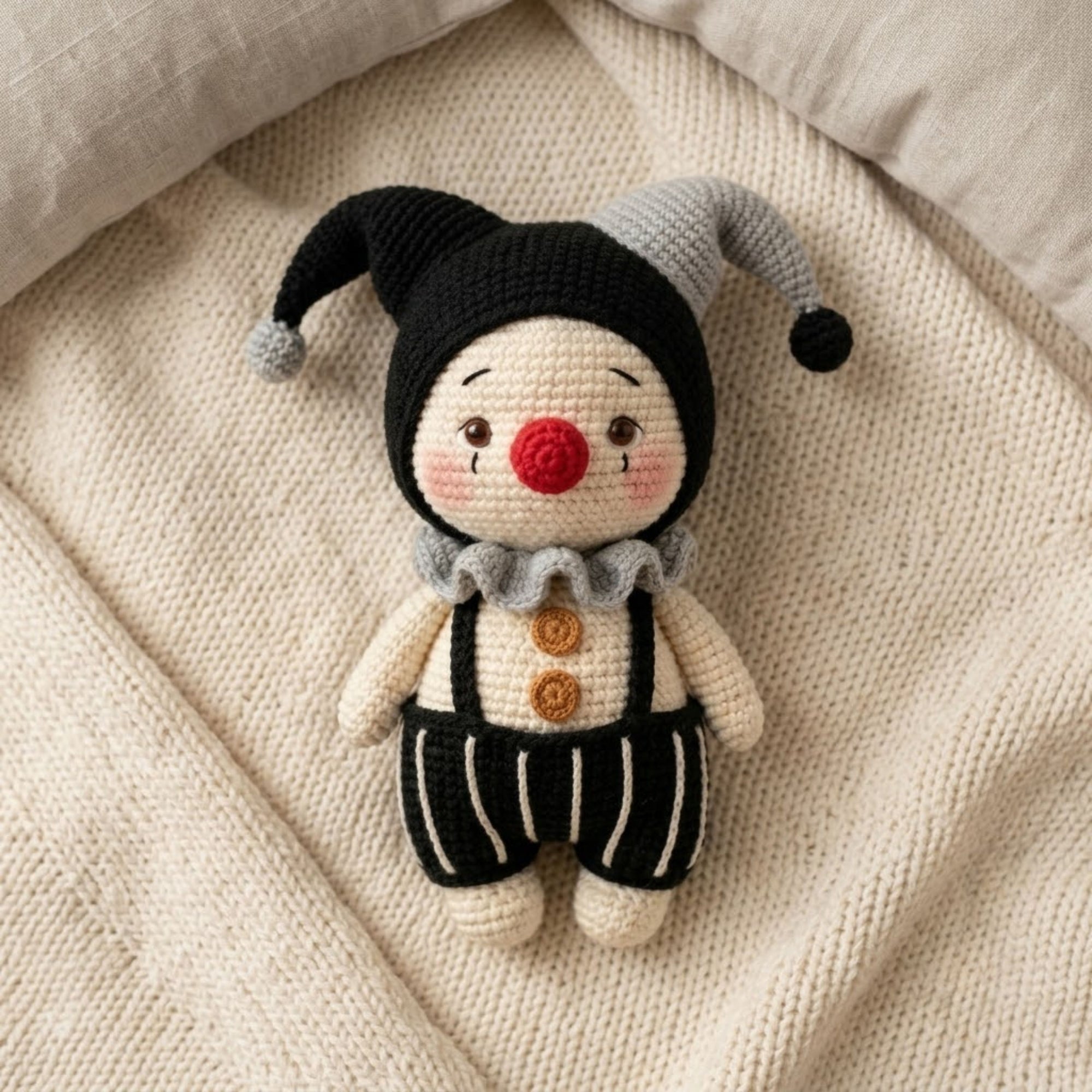 Crochet Gothic Jester Plush, Handmade Amigurumi Clown Doll, Black Gray Circus Toy, Cute Nursery Decor, Baby Shower Gift, 4-12in Kids Plushie