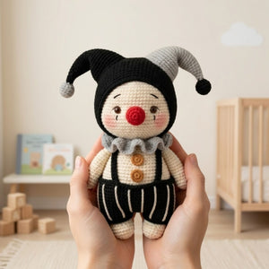 Crochet Gothic Jester Plush, Handmade Amigurumi Clown Doll, Black Gray Circus Toy, Cute Nursery Decor, Baby Shower Gift, 4-12in Kids Plushie