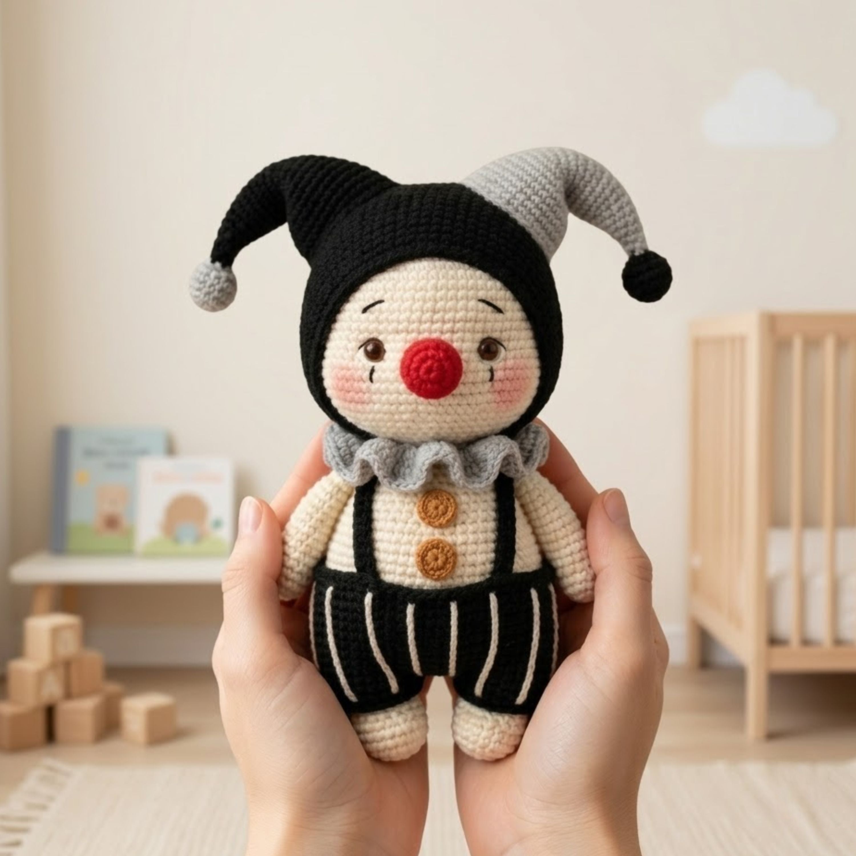 Crochet Gothic Jester Plush, Handmade Amigurumi Clown Doll, Black Gray Circus Toy, Cute Nursery Decor, Baby Shower Gift, 4-12in Kids Plushie