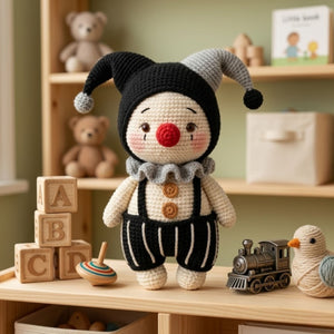 Crochet Gothic Jester Plush, Handmade Amigurumi Clown Doll, Black Gray Circus Toy, Cute Nursery Decor, Baby Shower Gift, 4-12in Kids Plushie