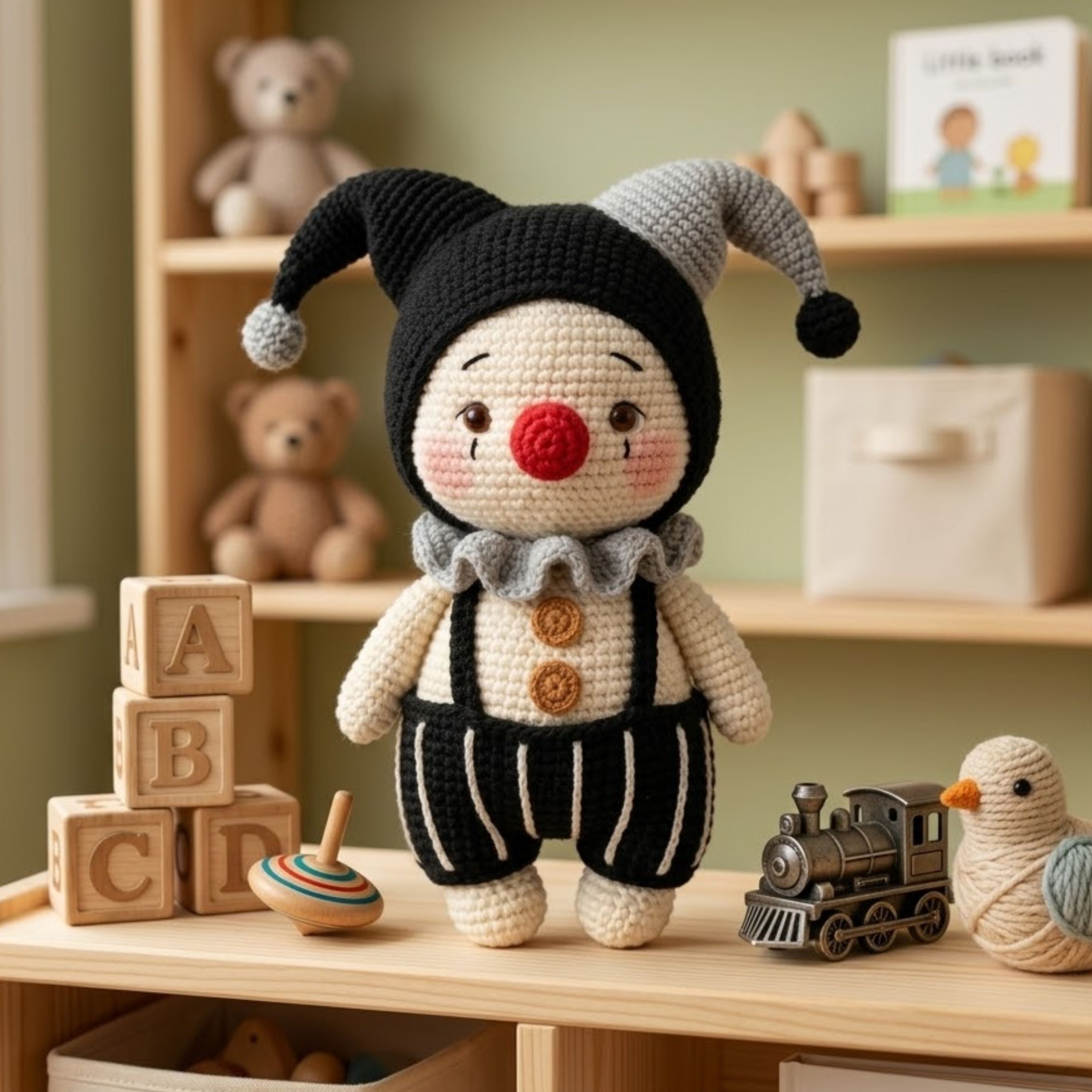 Crochet Gothic Jester Plush, Handmade Amigurumi Clown Doll, Black Gray Circus Toy, Cute Nursery Decor, Baby Shower Gift, 4-12in Kids Plushie