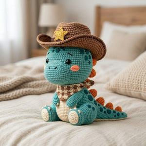 Crochet Cowboy Dinosaur Plush, Handmade Amigurumi Dino Doll, Blue Western Nursery Toy, Cowboy Hat Gift, Baby Shower Gift, 4-12in Kid Plushie