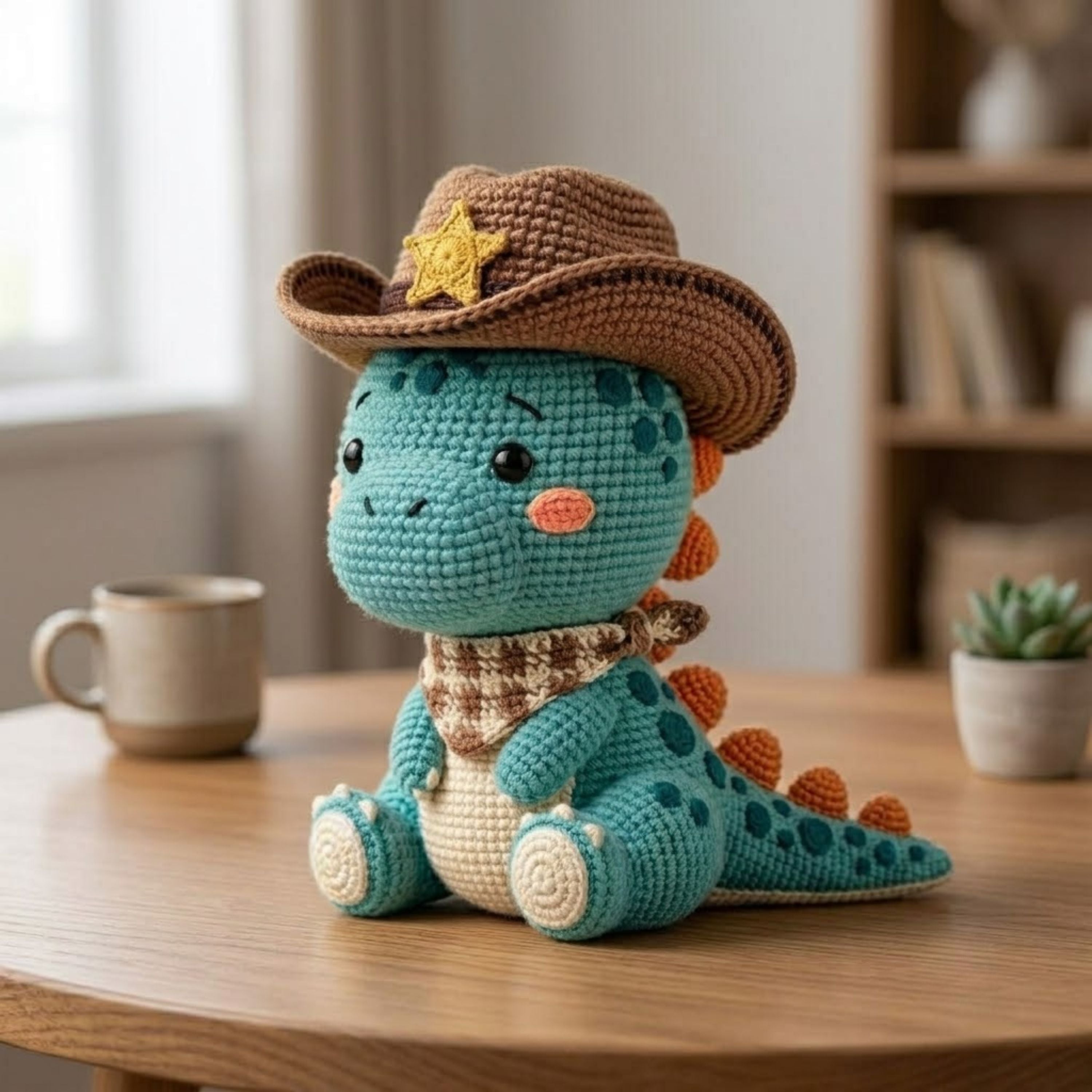 Crochet Cowboy Dinosaur Plush, Handmade Amigurumi Dino Doll, Blue Western Nursery Toy, Cowboy Hat Gift, Baby Shower Gift, 4-12in Kid Plushie
