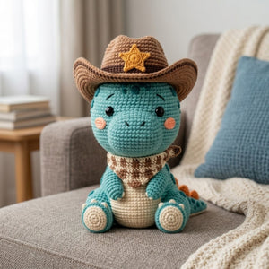Crochet Cowboy Dinosaur Plush, Handmade Amigurumi Dino Doll, Blue Western Nursery Toy, Cowboy Hat Gift, Baby Shower Gift, 4-12in Kid Plushie