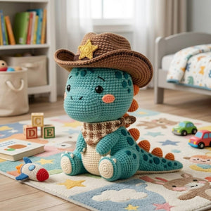 Crochet Cowboy Dinosaur Plush, Handmade Amigurumi Dino Doll, Blue Western Nursery Toy, Cowboy Hat Gift, Baby Shower Gift, 4-12in Kid Plushie
