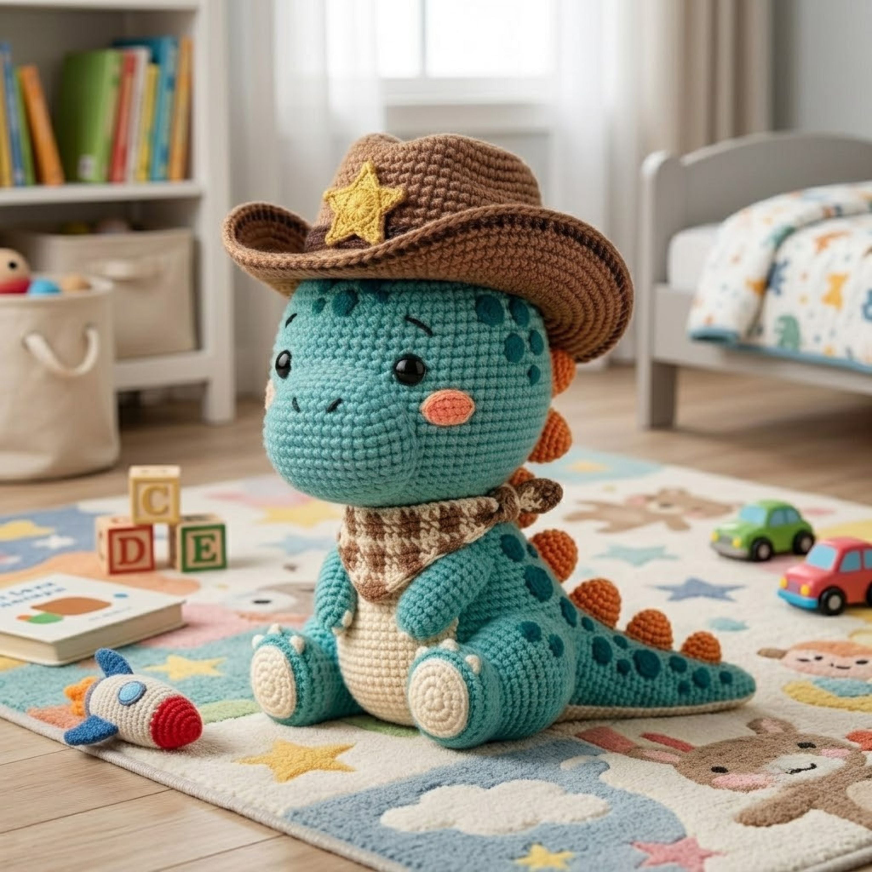 Crochet Cowboy Dinosaur Plush, Handmade Amigurumi Dino Doll, Blue Western Nursery Toy, Cowboy Hat Gift, Baby Shower Gift, 4-12in Kid Plushie