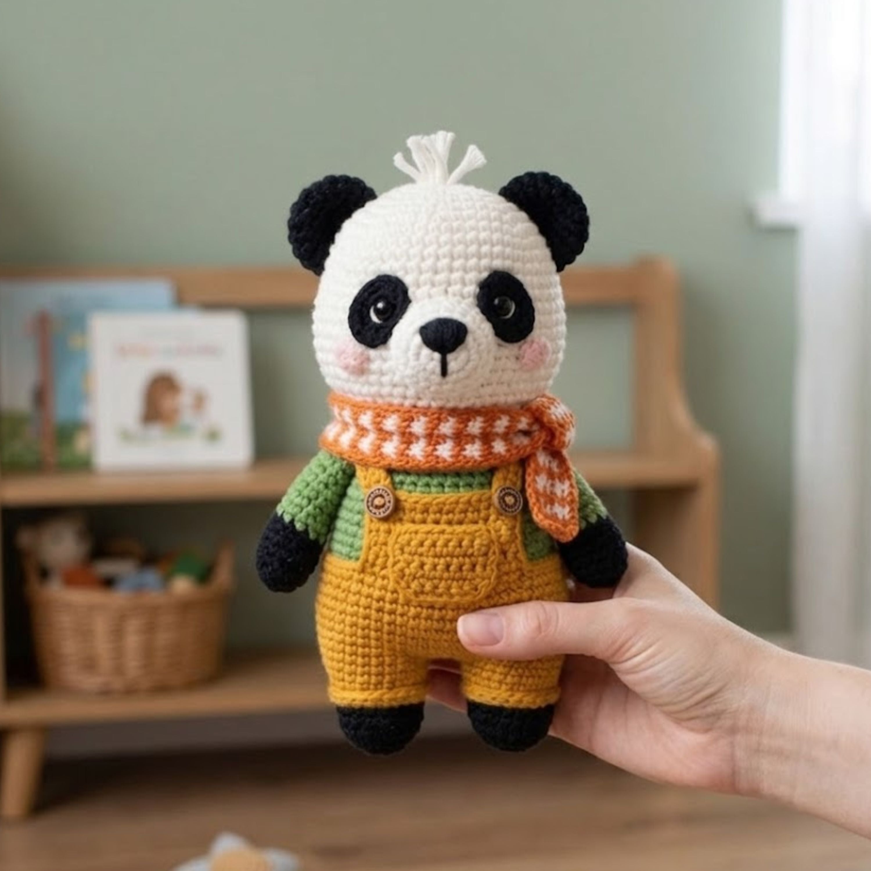 Crochet Panda Plush, Handmade Amigurumi Panda Toy, Yellow Overall Nursery Toy, Orange Scarf Plush Gift, Baby Shower Gift, 4-12in Kid Plushie