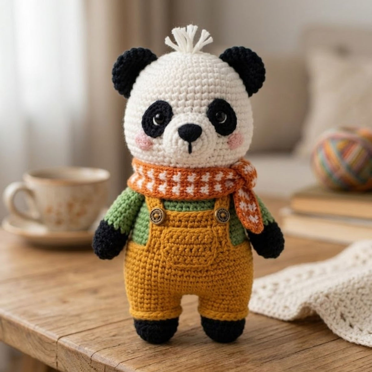 Crochet Panda Plush, Handmade Amigurumi Panda Toy, Yellow Overall Nursery Toy, Orange Scarf Plush Gift, Baby Shower Gift, 4-12in Kid Plushie