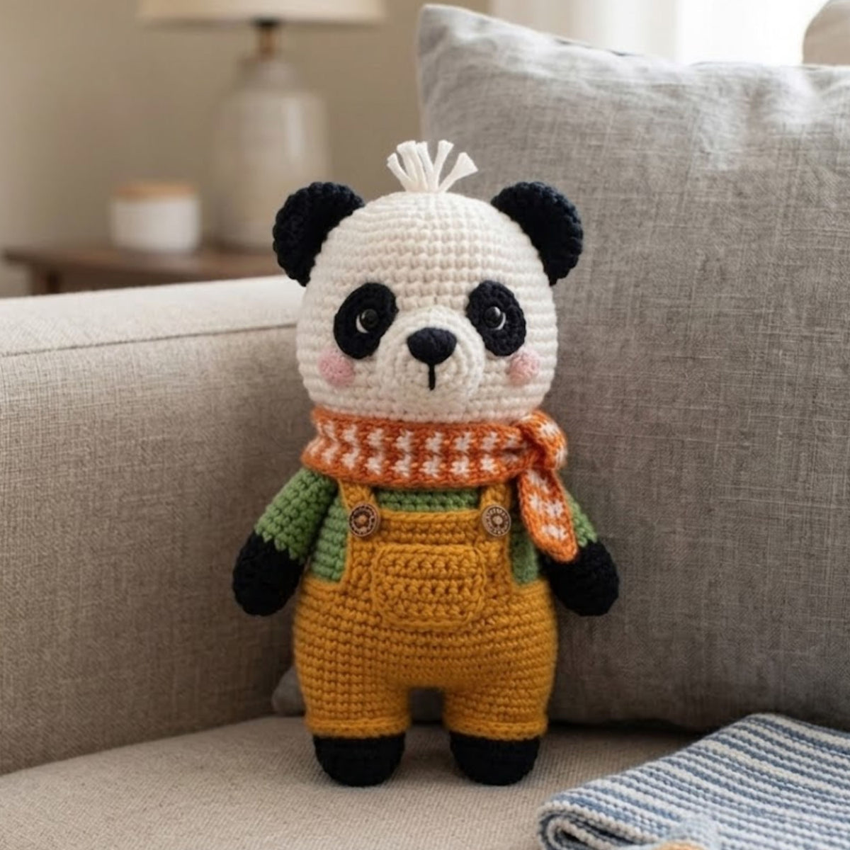 Crochet Panda Plush, Handmade Amigurumi Panda Toy, Yellow Overall Nursery Toy, Orange Scarf Plush Gift, Baby Shower Gift, 4-12in Kid Plushie