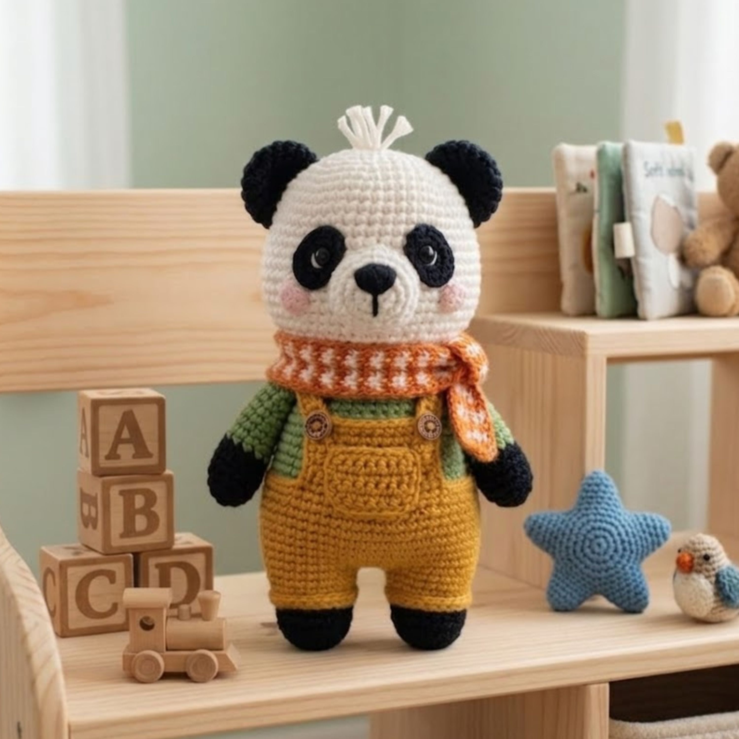 Crochet Panda Plush, Handmade Amigurumi Panda Toy, Yellow Overall Nursery Toy, Orange Scarf Plush Gift, Baby Shower Gift, 4-12in Kid Plushie