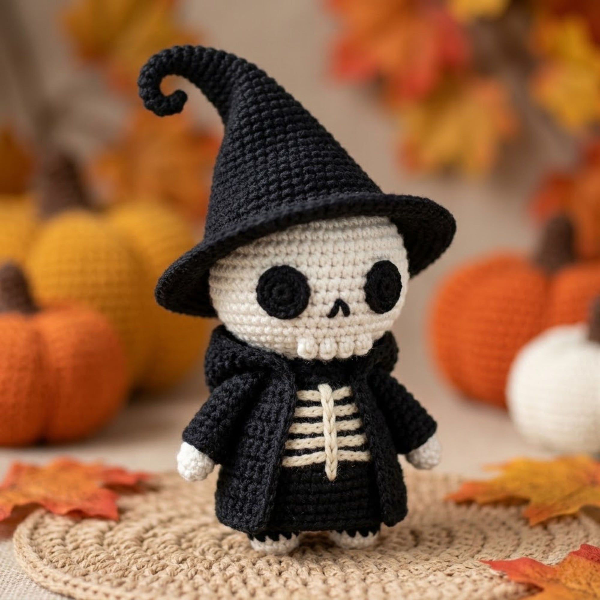 Crochet Witch Skeleton Plush, Handmade Amigurumi Skull Doll, Black Halloween Toy, Gothic Nursery Decor, Baby Shower Gift, 4-12in Kid Plushie