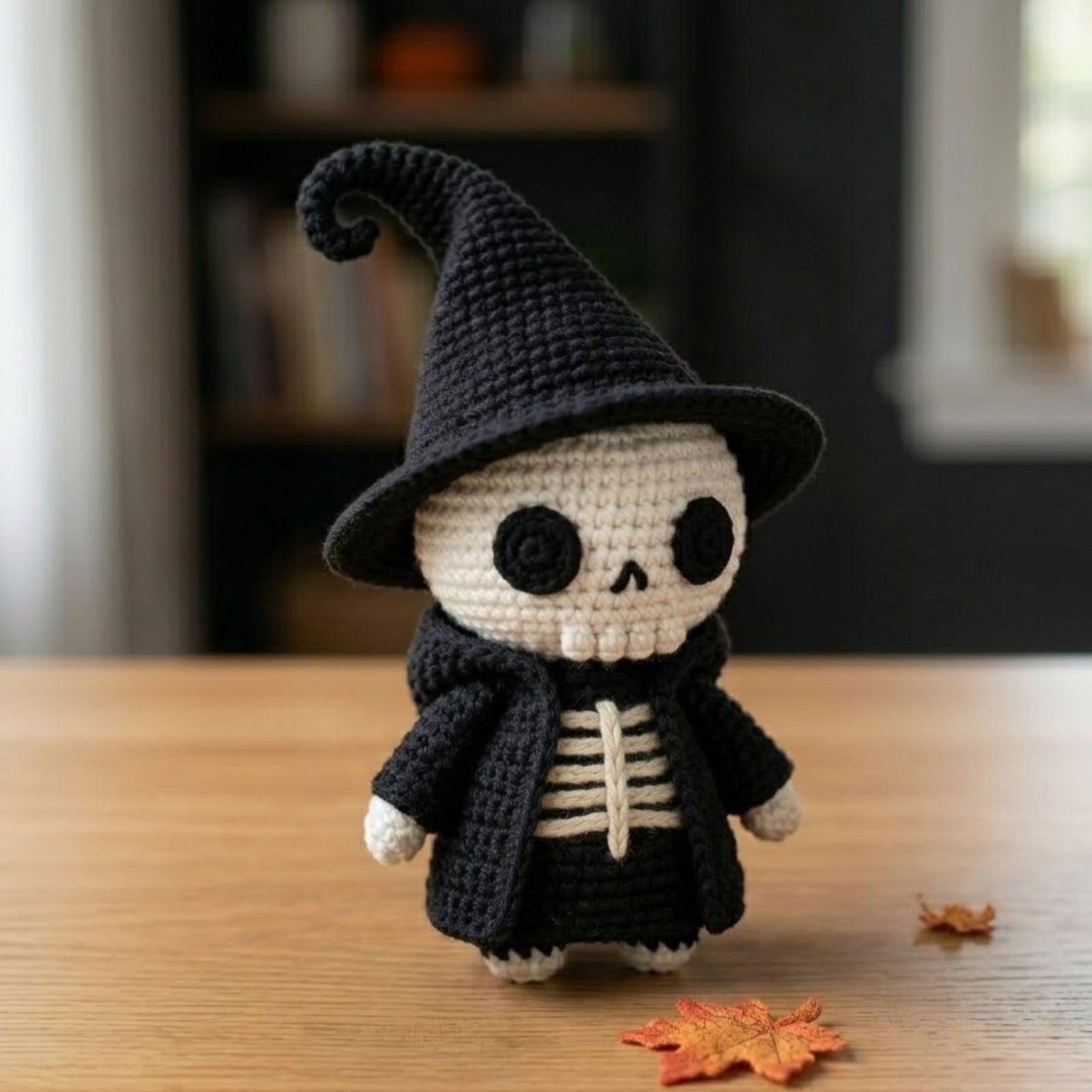 Crochet Witch Skeleton Plush, Handmade Amigurumi Skull Doll, Black Halloween Toy, Gothic Nursery Decor, Baby Shower Gift, 4-12in Kid Plushie