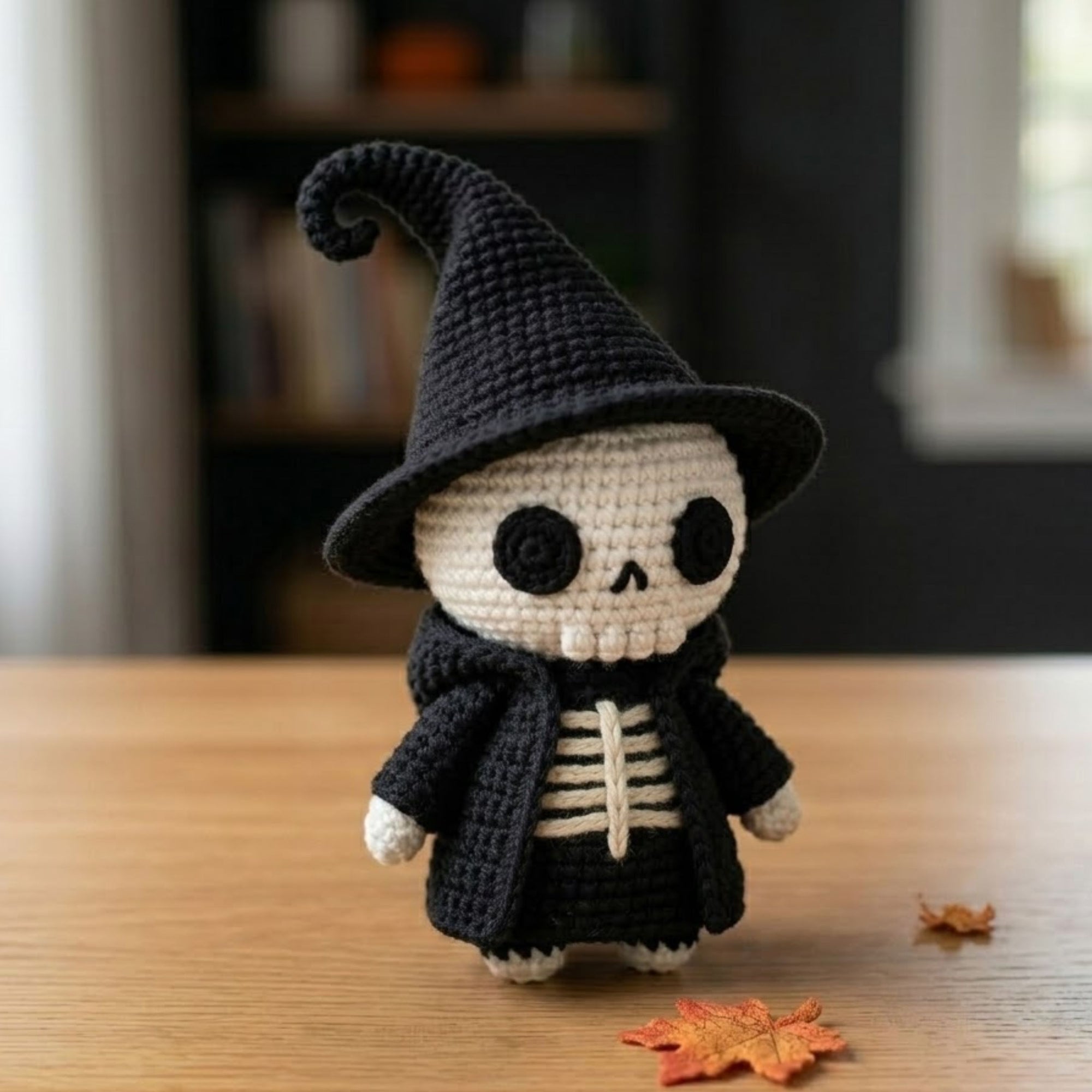 Crochet Witch Skeleton Plush, Handmade Amigurumi Skull Doll, Black Halloween Toy, Gothic Nursery Decor, Baby Shower Gift, 4-12in Kid Plushie