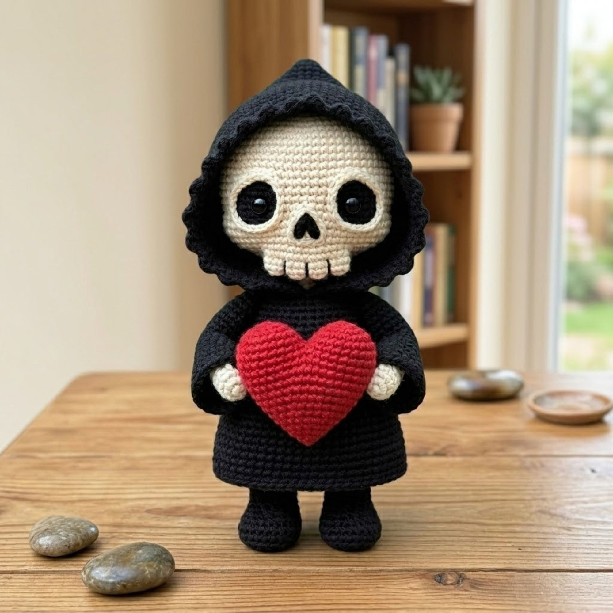 Crochet Grim Reaper Plush, Handmade Amigurumi Skull Doll, Black Hood Halloween Toy, Red Heart Gift, Gothic Nursery Decor, 4-12in Kid Plushie