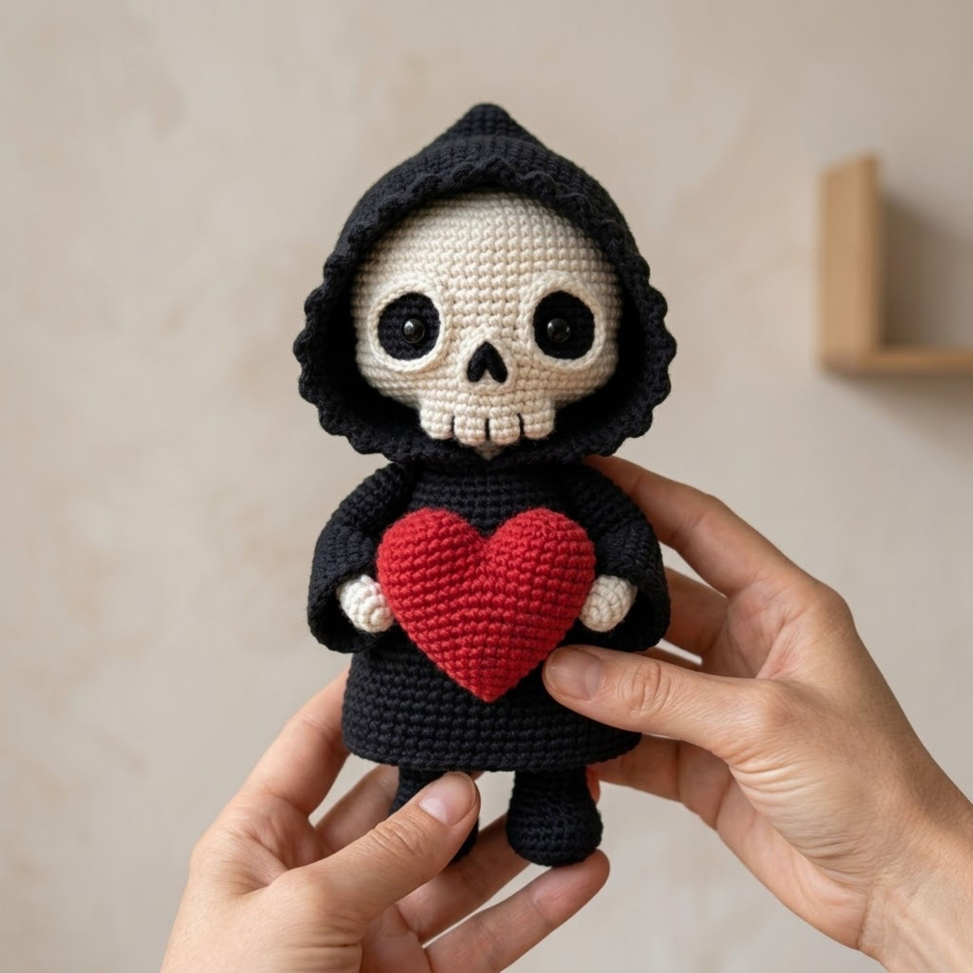 Crochet Grim Reaper Plush, Handmade Amigurumi Skull Doll, Black Hood Halloween Toy, Red Heart Gift, Gothic Nursery Decor, 4-12in Kid Plushie