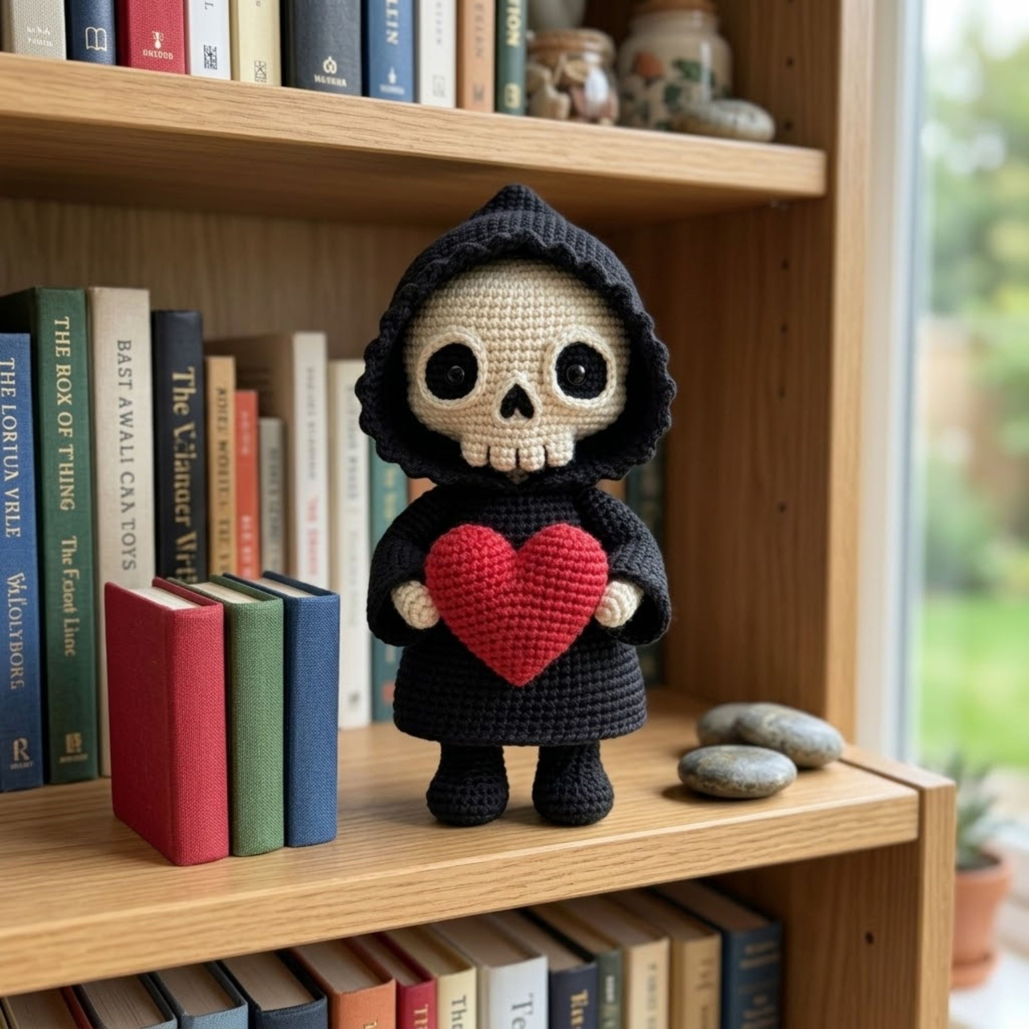 Crochet Grim Reaper Plush, Handmade Amigurumi Skull Doll, Black Hood Halloween Toy, Red Heart Gift, Gothic Nursery Decor, 4-12in Kid Plushie