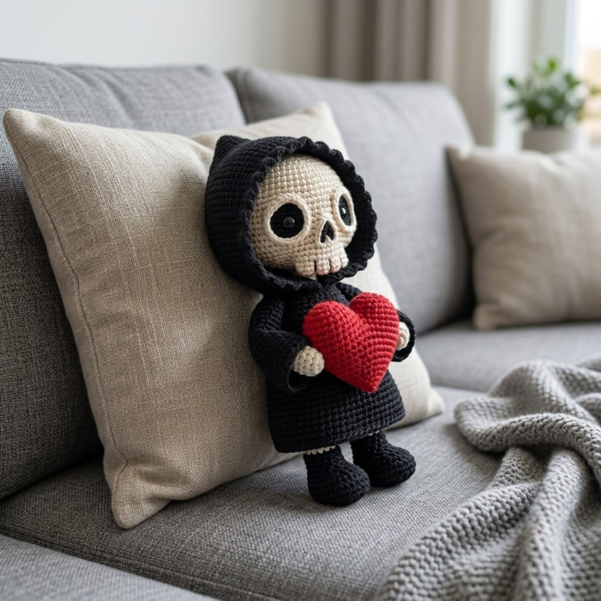 Crochet Grim Reaper Plush, Handmade Amigurumi Skull Doll, Black Hood Halloween Toy, Red Heart Gift, Gothic Nursery Decor, 4-12in Kid Plushie