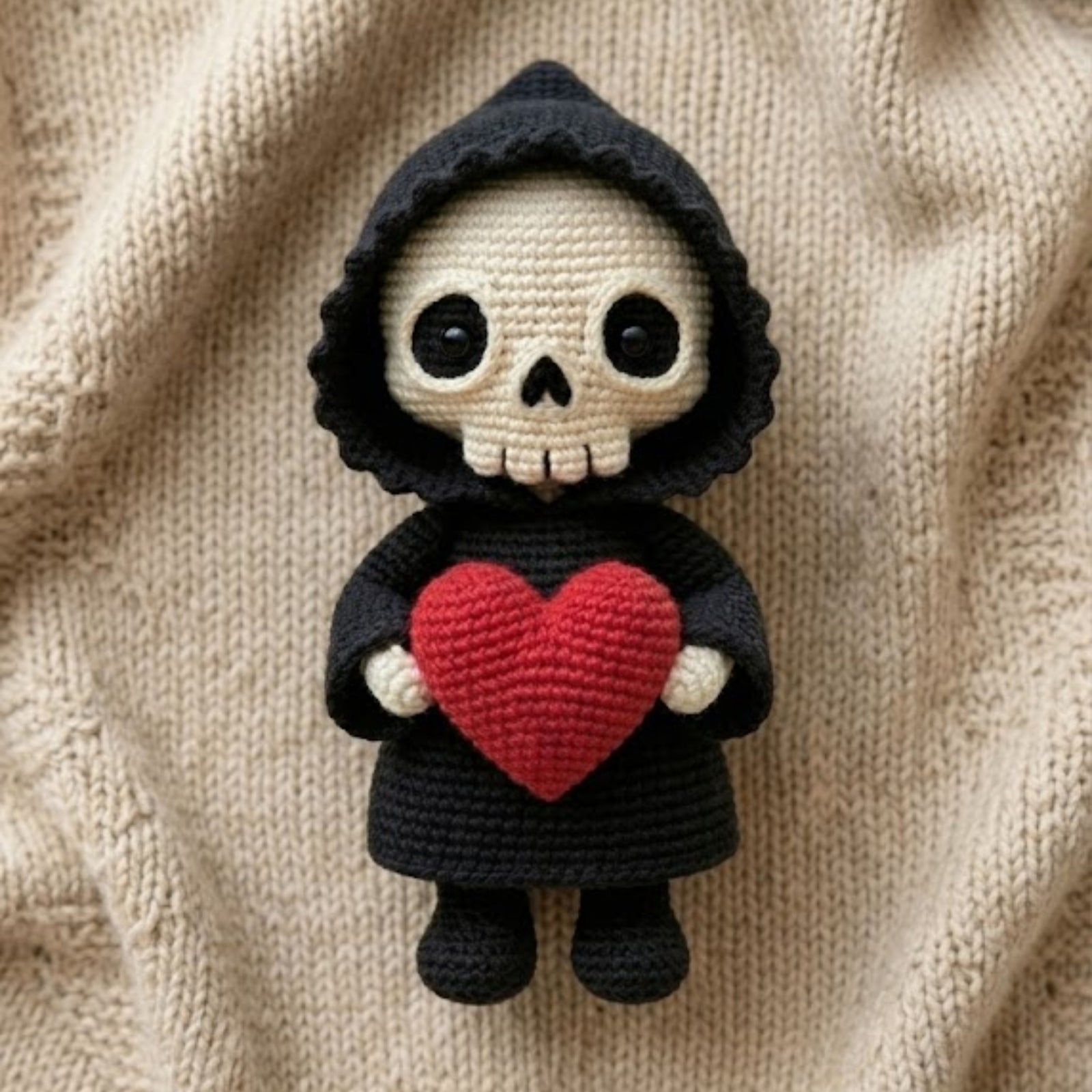 Crochet Grim Reaper Plush, Handmade Amigurumi Skull Doll, Black Hood Halloween Toy, Red Heart Gift, Gothic Nursery Decor, 4-12in Kid Plushie