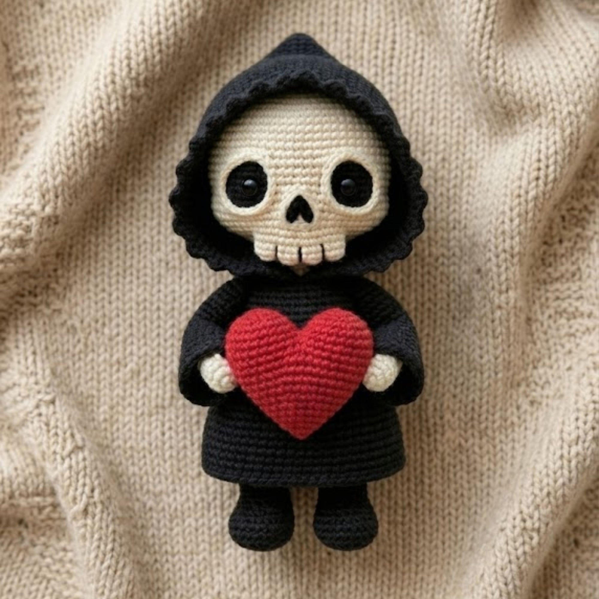 Crochet Grim Reaper Plush, Handmade Amigurumi Skull Doll, Black Hood Halloween Toy, Red Heart Gift, Gothic Nursery Decor, 4-12in Kid Plushie