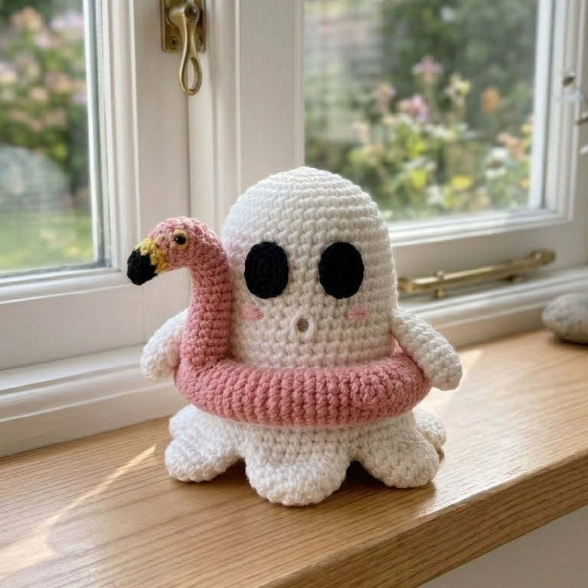 Crochet Ghost Flamingo Plush, Handmade Amigurumi Ghost Doll, Pink Pool Float Halloween Toy, Cute Nursery Decor, Baby Shower Gift, 4-12in Toy