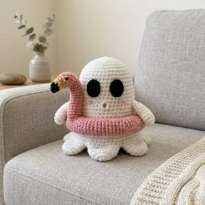 Crochet Ghost Flamingo Plush, Handmade Amigurumi Ghost Doll, Pink Pool Float Halloween Toy, Cute Nursery Decor, Baby Shower Gift, 4-12in Toy