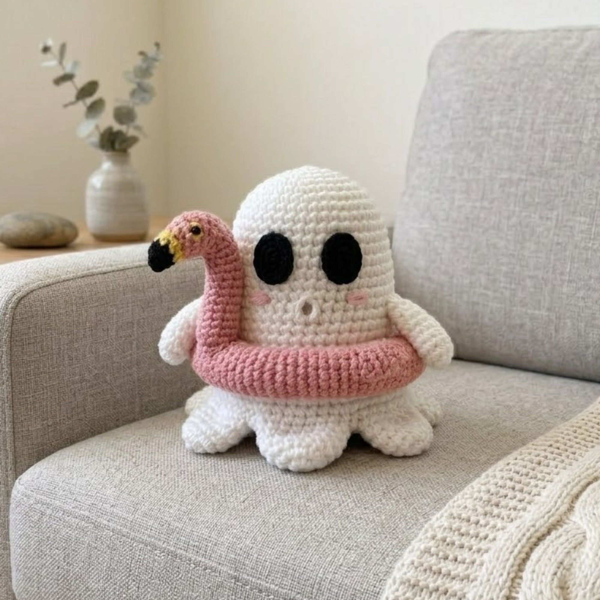 Crochet Ghost Flamingo Plush, Handmade Amigurumi Ghost Doll, Pink Pool Float Halloween Toy, Cute Nursery Decor, Baby Shower Gift, 4-12in Toy
