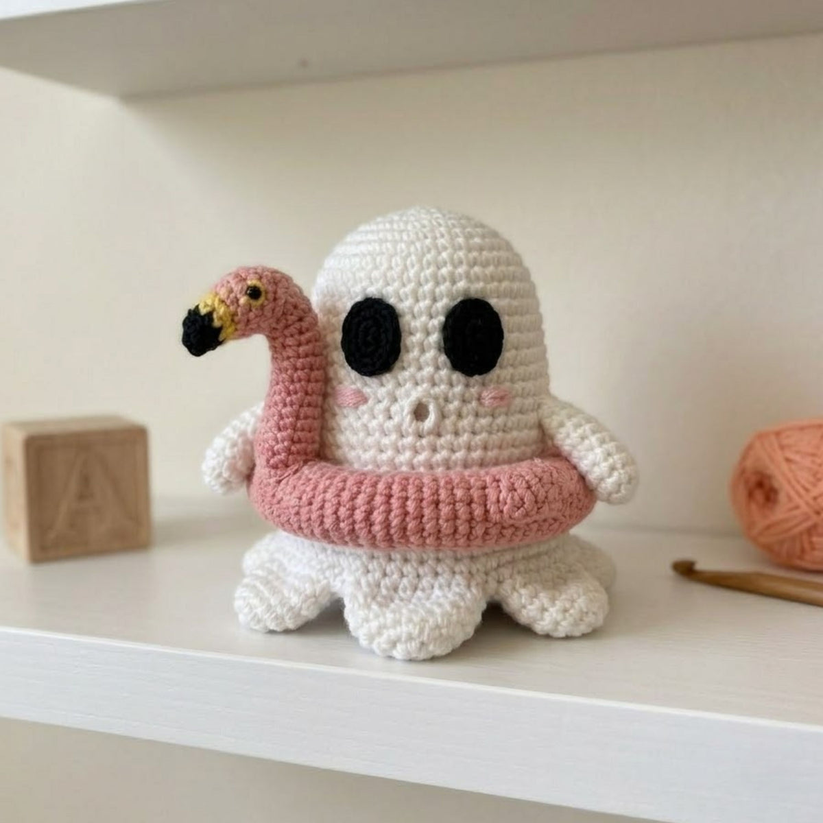 Crochet Ghost Flamingo Plush, Handmade Amigurumi Ghost Doll, Pink Pool Float Halloween Toy, Cute Nursery Decor, Baby Shower Gift, 4-12in Toy