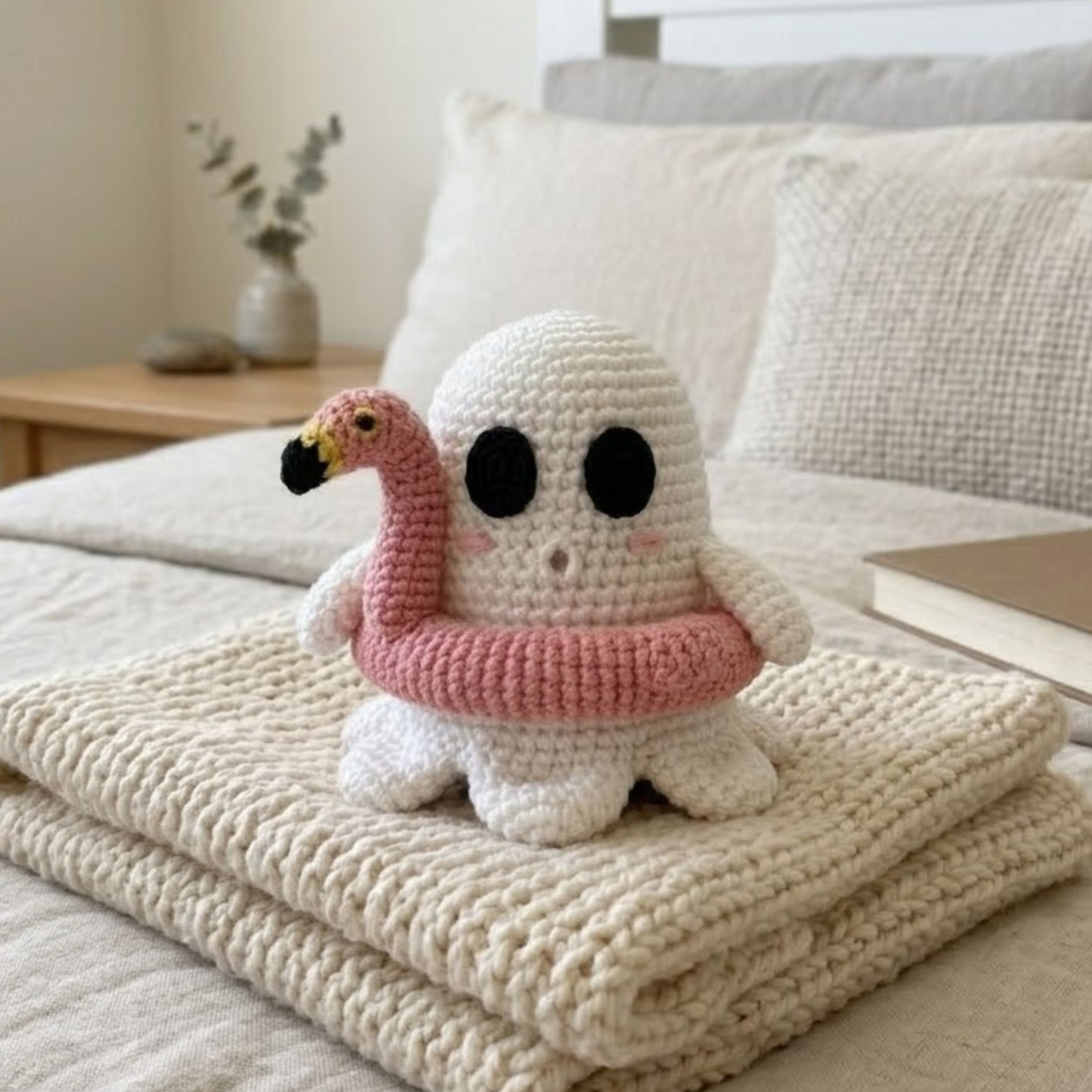 Crochet Ghost Flamingo Plush, Handmade Amigurumi Ghost Doll, Pink Pool Float Halloween Toy, Cute Nursery Decor, Baby Shower Gift, 4-12in Toy