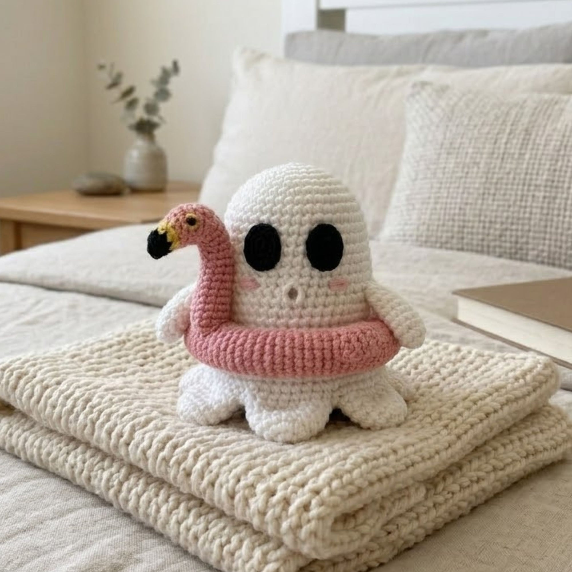 Crochet Ghost Flamingo Plush, Handmade Amigurumi Ghost Doll, Pink Pool Float Halloween Toy, Cute Nursery Decor, Baby Shower Gift, 4-12in Toy